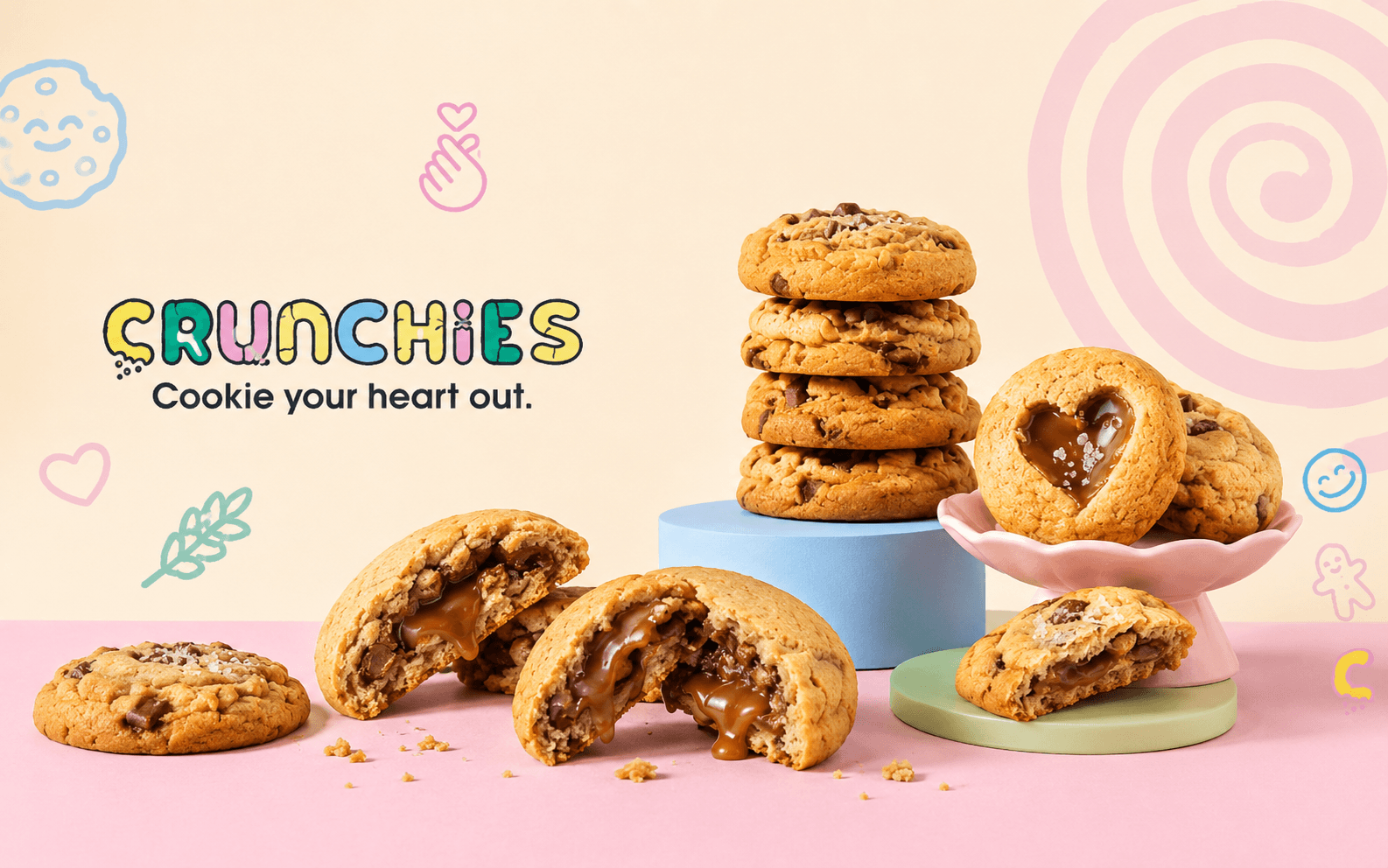 Crunchies cookies arranged with pastel brand elements