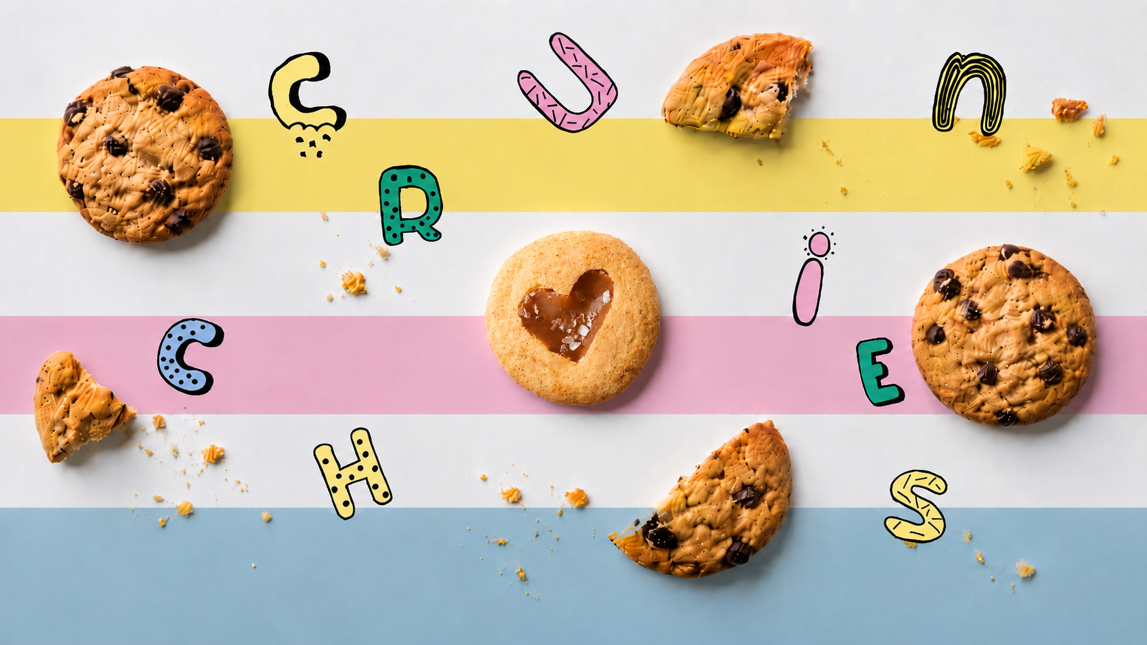 Crunchies cookies arranged with pastel brand elements
